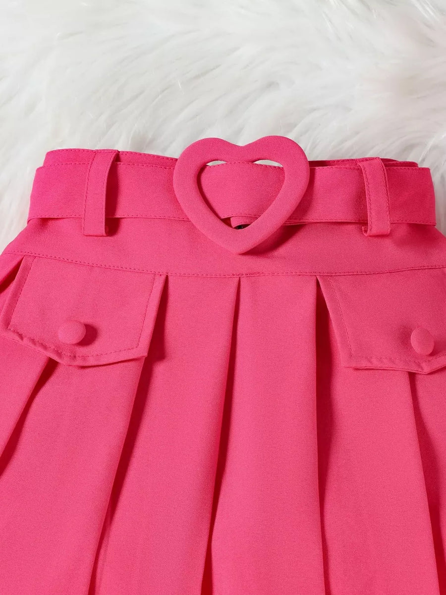 Pink pleated skirt with heart buckle belt and button flap pockets