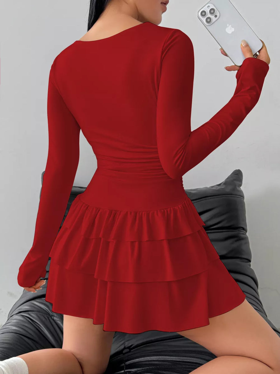 Ruched Long Sleeve Layered Ruffle Mini Dress in Red, view 16