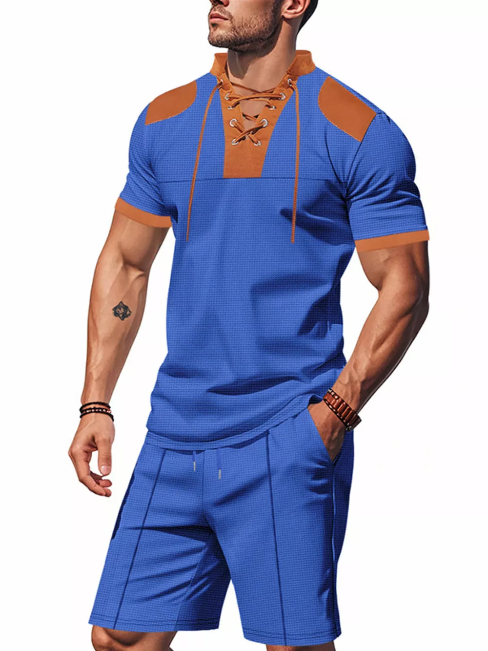Sapphire blue casual two-piece set with lace-up detail and drawstring shorts.