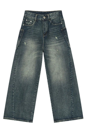 Distressed denim wide leg jeans for men in medium wash with a relaxed fit.