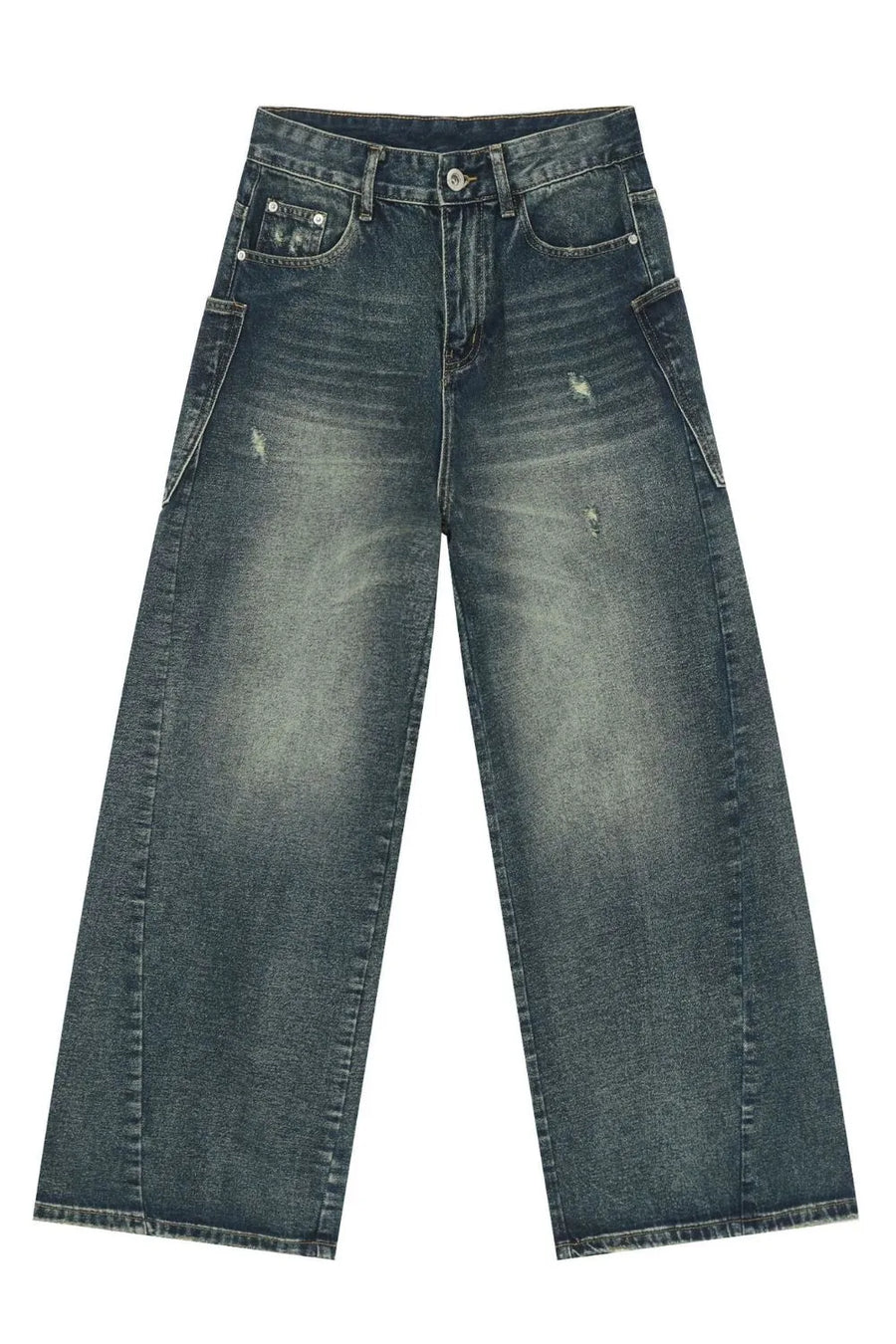 Distressed denim wide leg jeans for men in medium wash with a relaxed fit.