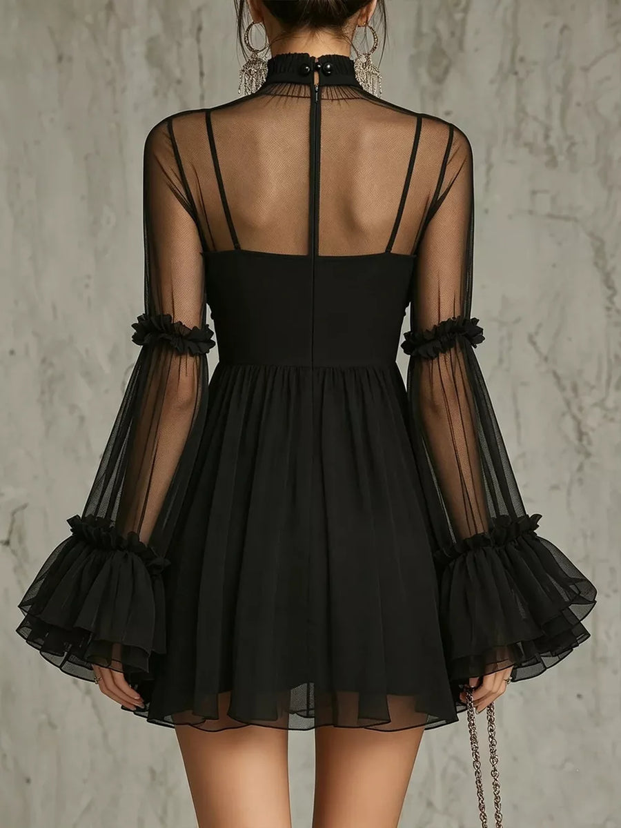 100% polyester Care instructions: Machine wash cold mini dress in Black with fit-and-flare silhouette