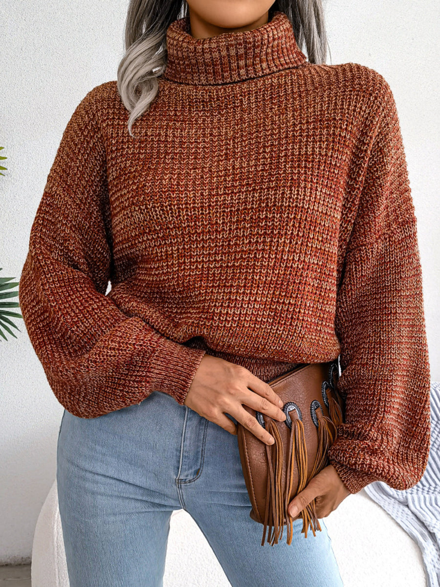 Caramel turtleneck sweater with waist-length and pullover