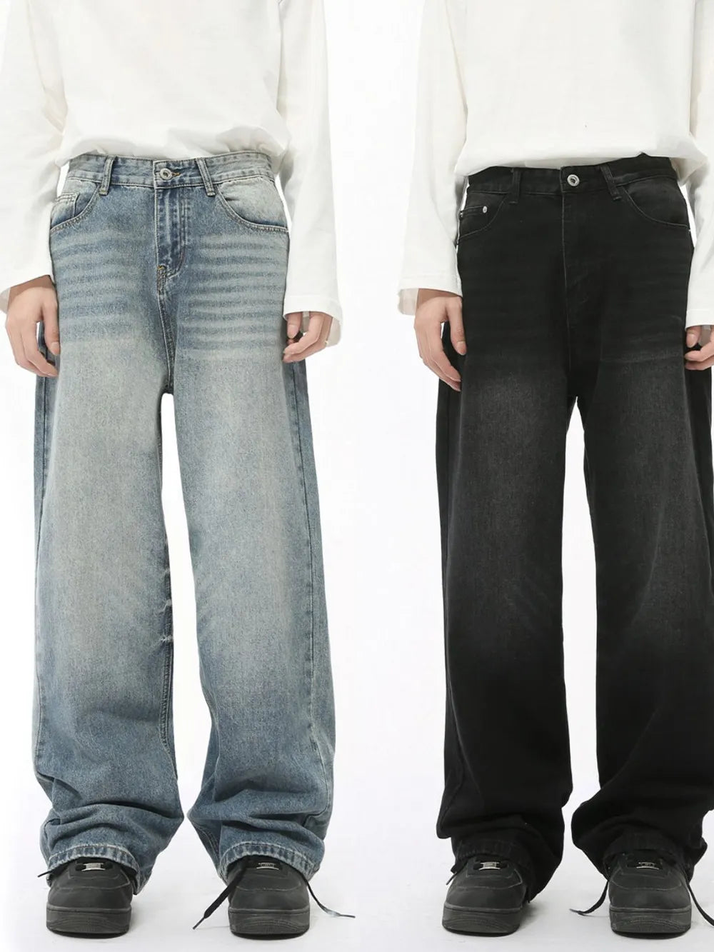 Oversized baggy denim trousers in medium wash and dark wash, wide leg, casual style