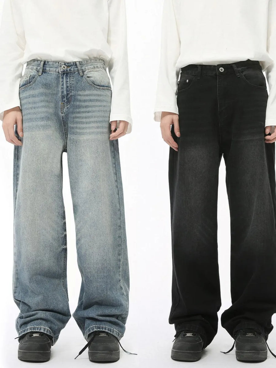 Oversized baggy denim trousers in medium wash and dark wash, wide leg, casual style
