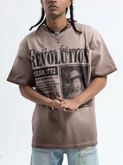 Khaki cotton oversized graphic t-shirt with a vintage revolution print.