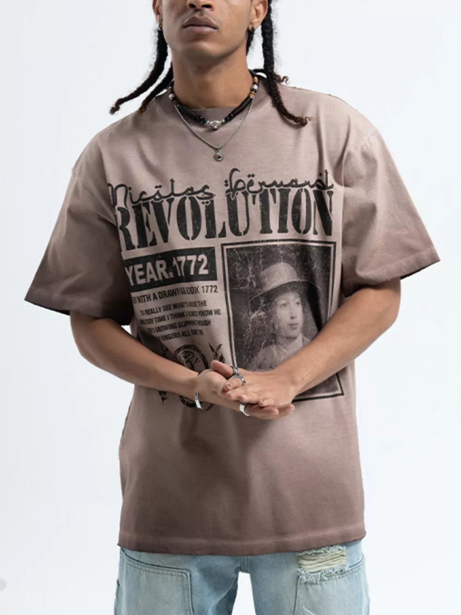 Khaki cotton oversized graphic t-shirt with a vintage revolution print.