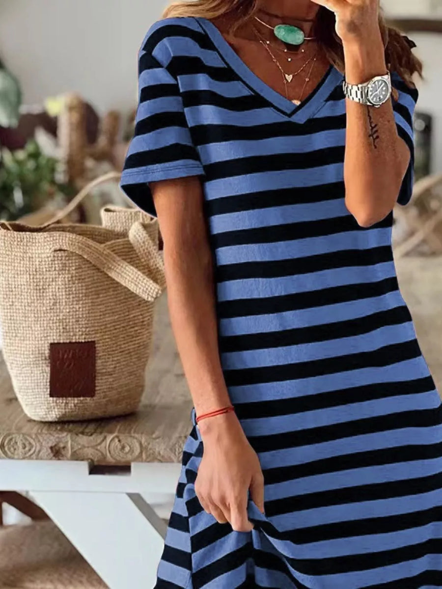 Blue Full Size Striped V-neck Midi Dress With Side