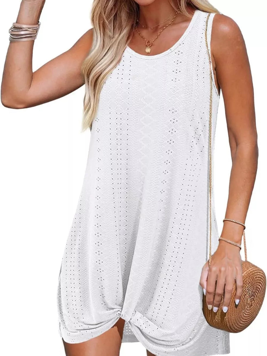 White eyelet tank dress with twisted hem detail and scoop neckline.