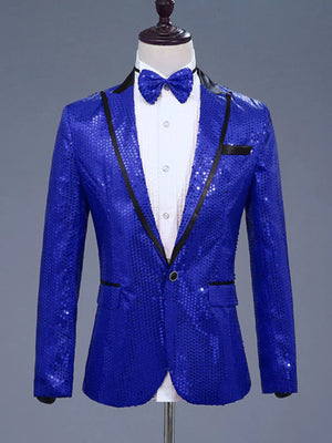 Men's blue sequin one button blazer with black lapels and trim, shown with a white shirt and bow tie.