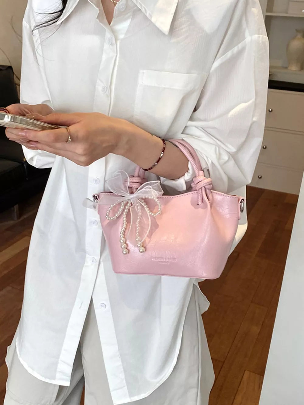 PU Leather Imported Size &amp crossbody bag in Pink with structured silhouette