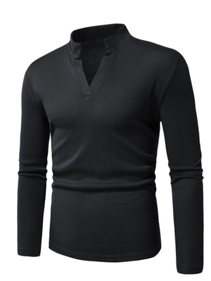 Men's black long sleeve t-shirt with notched V-neck and waffle knit texture.
