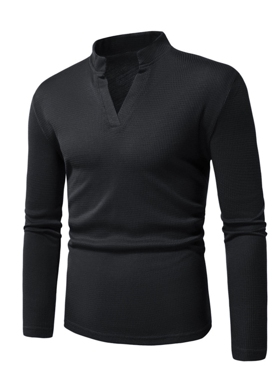 Men's black long sleeve t-shirt with notched V-neck and waffle knit texture.