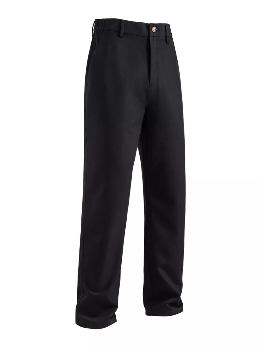Black men's sweatpants with pockets and a button closure.