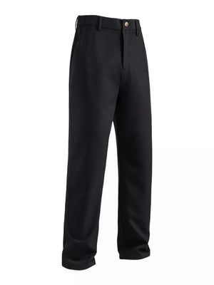 Black men's sweatpants with pockets and a button closure.