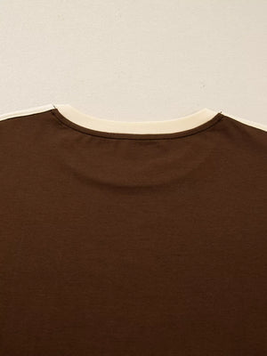 Dark brown long-sleeve t-shirt with cream contrast crew neck and trim