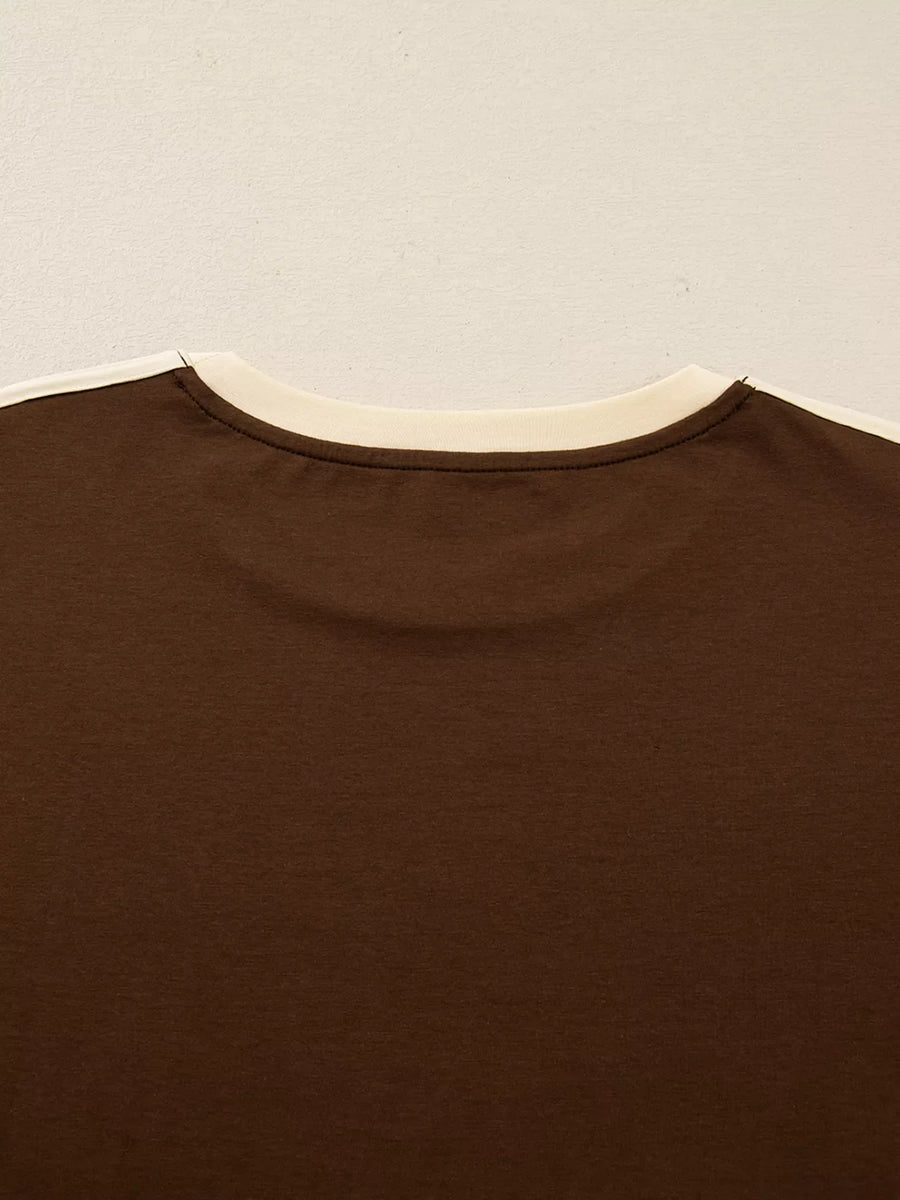 Dark brown long-sleeve t-shirt with cream contrast crew neck and trim