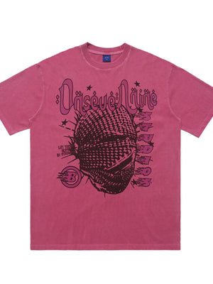 Graphic oversized pink half sleeve cotton tee with a graphic print of a masked face and text.