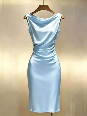 Light blue satin cowl neck midi dress with ruched side detail.