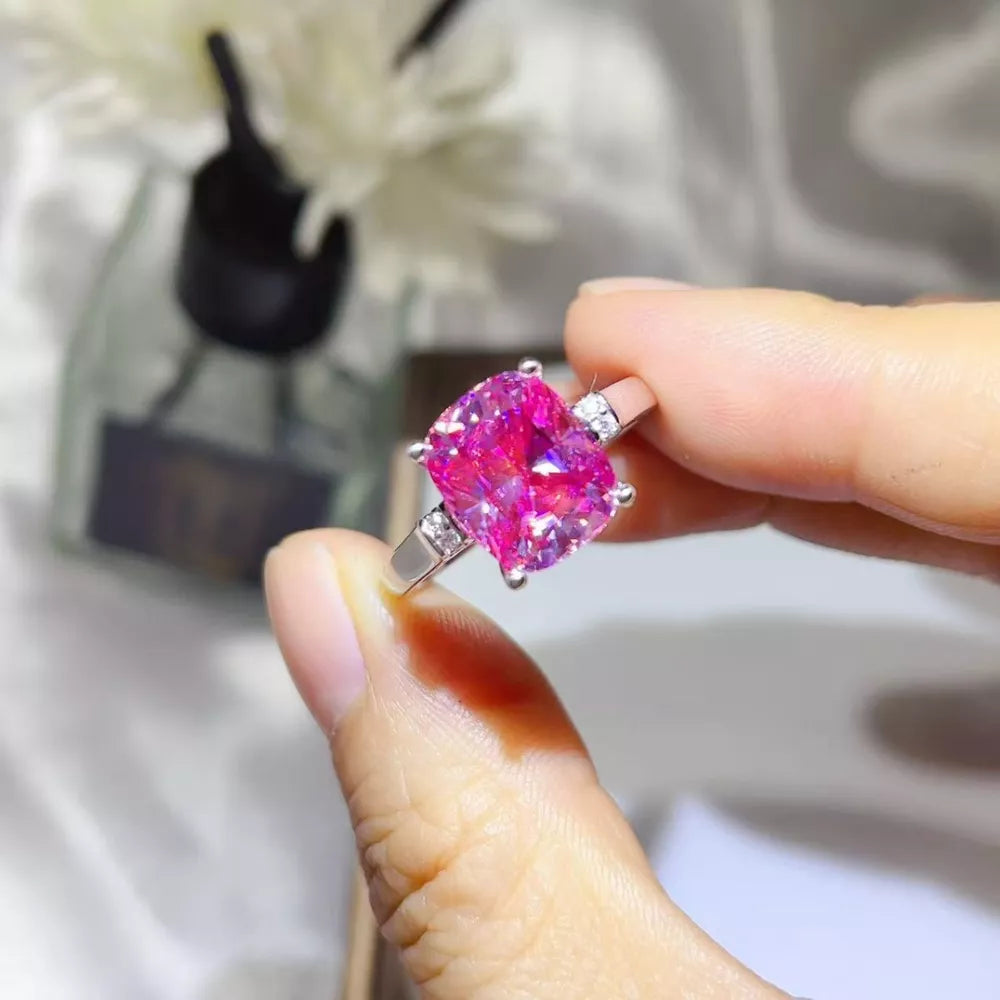 ring in hot pink featuring 5 carat moissanite and classic fit
