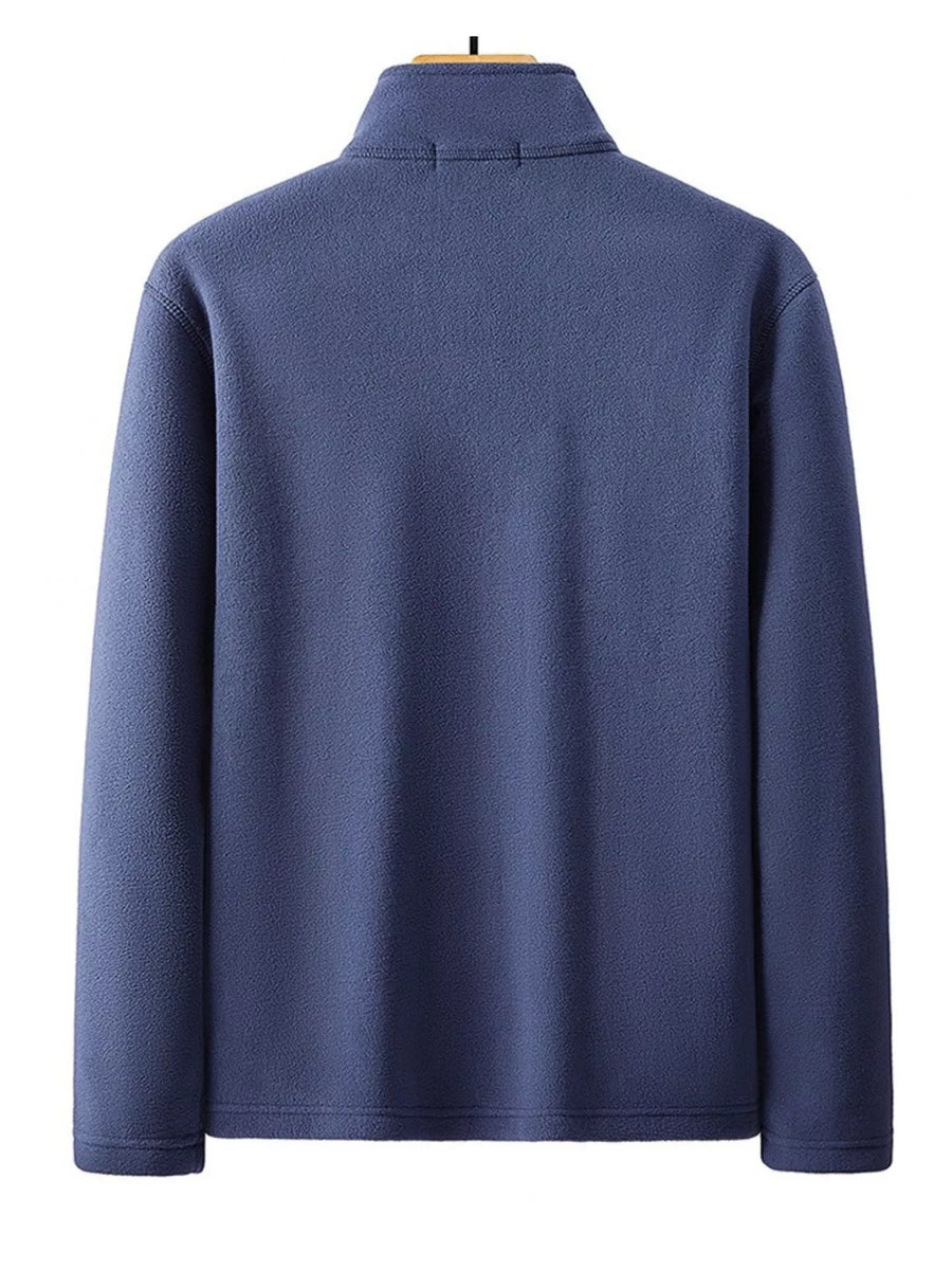 Men's blue fleece quarter zip sweatshirt with a mock neck.