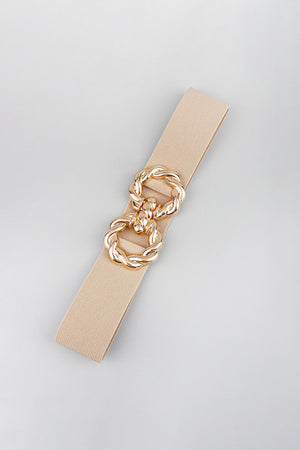 Tan braided stretch belt with gold alloy knot buckle detail