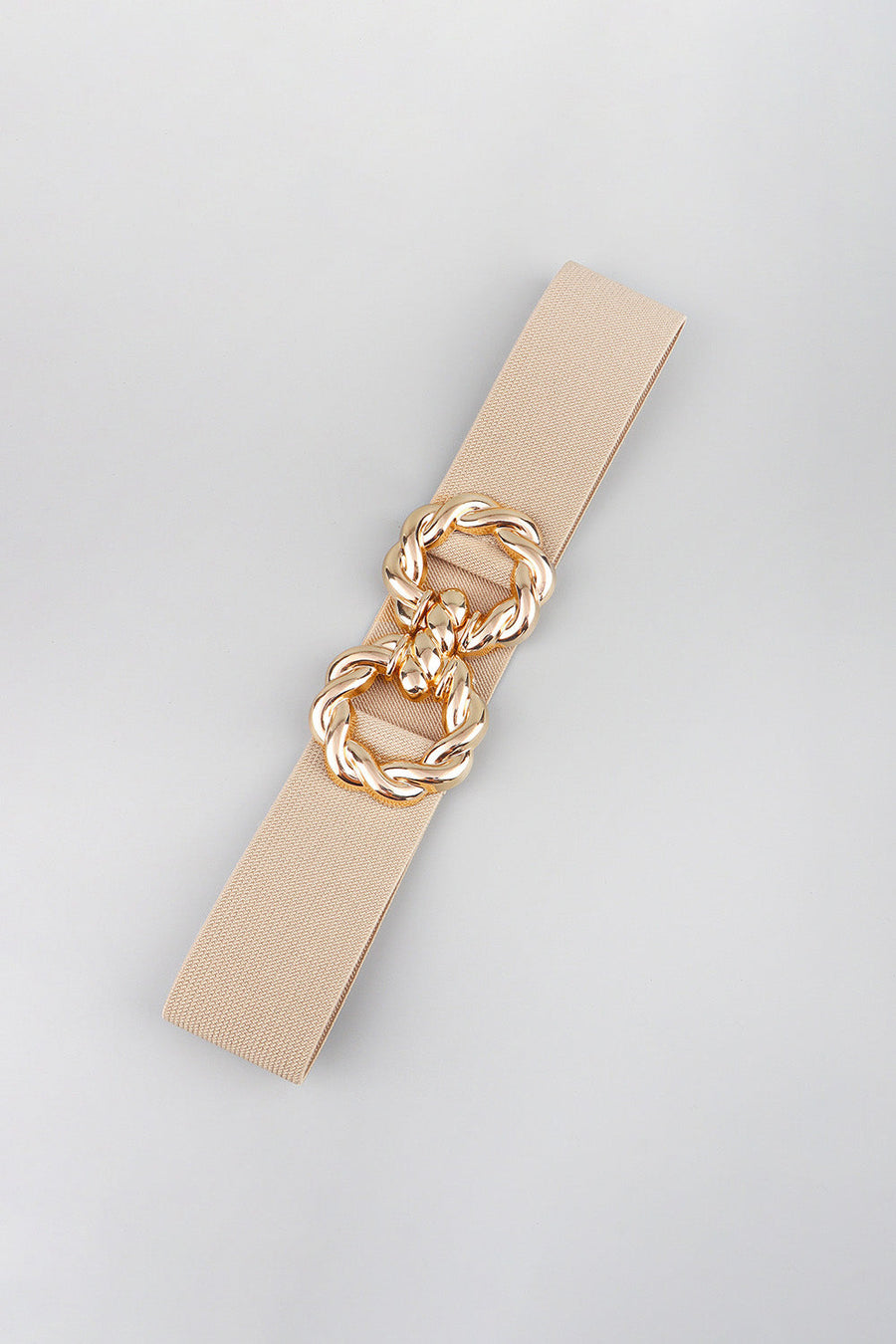 Tan braided stretch belt with gold alloy knot buckle detail