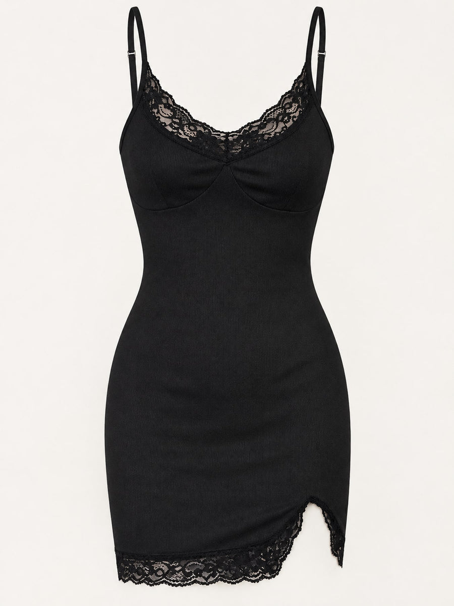 black slip dress with side slit and spaghetti strap