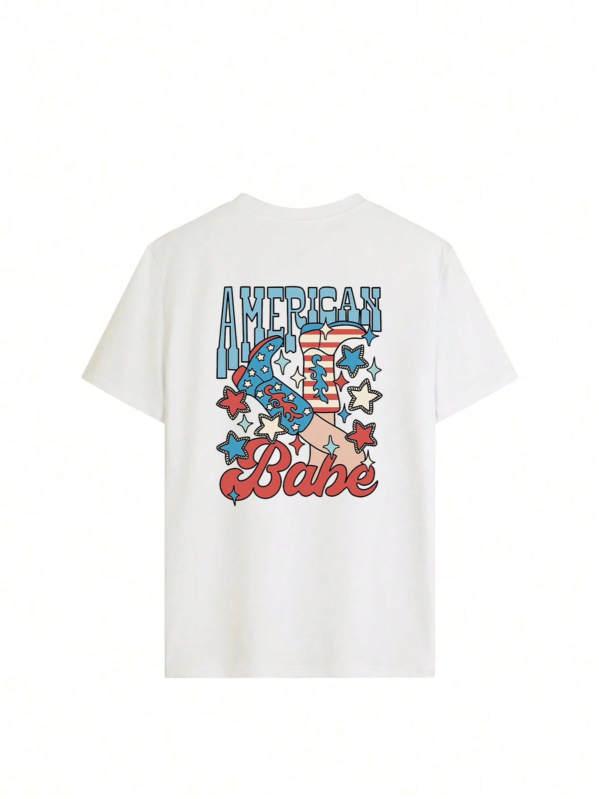 White graphic t-shirt with American Babe text and patriotic design.