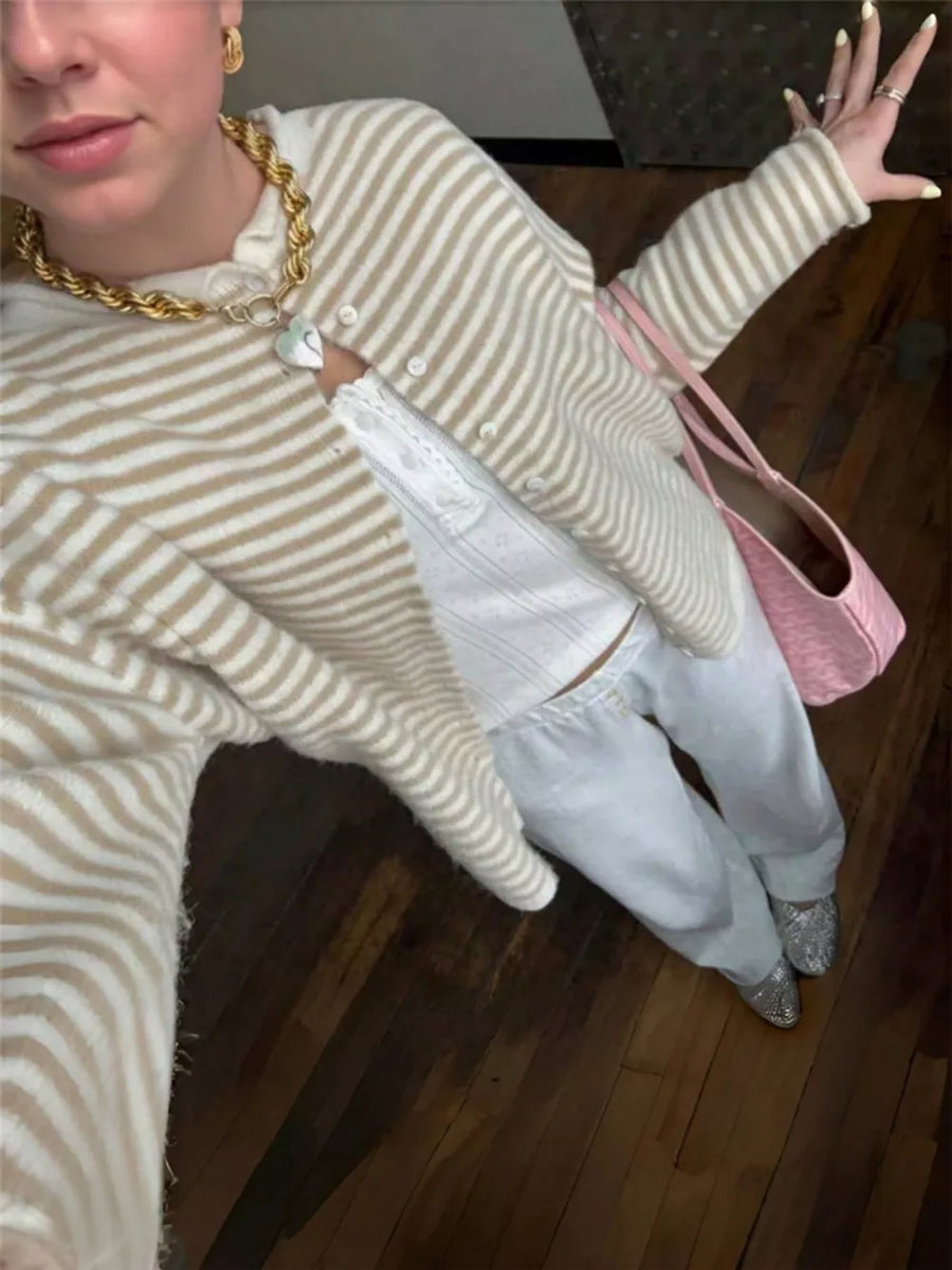 Striped Knit Button Up Cardigan in Khaki, view 12