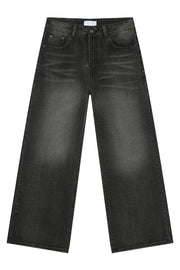 Wide leg jeans in dark vintage wash denim with a relaxed fit.
