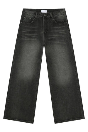 Wide leg jeans in dark vintage wash denim with a relaxed fit.