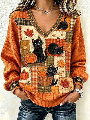 orange v-neck sweater with patchwork and v-neck