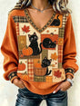 Full Size Cat And Pumpkin V-neck Sweater preview