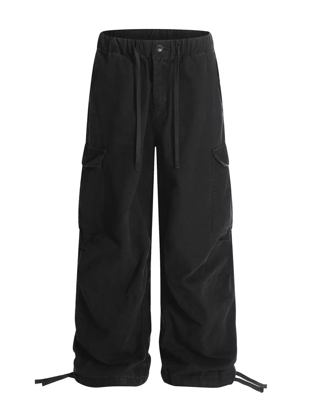 Black cargo pants with adjustable drawstring waist and ankle ties.