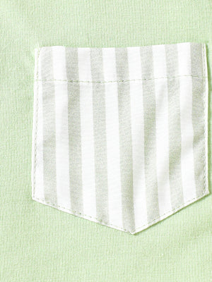 Light green cotton tee with a white and light green striped pocket detail.