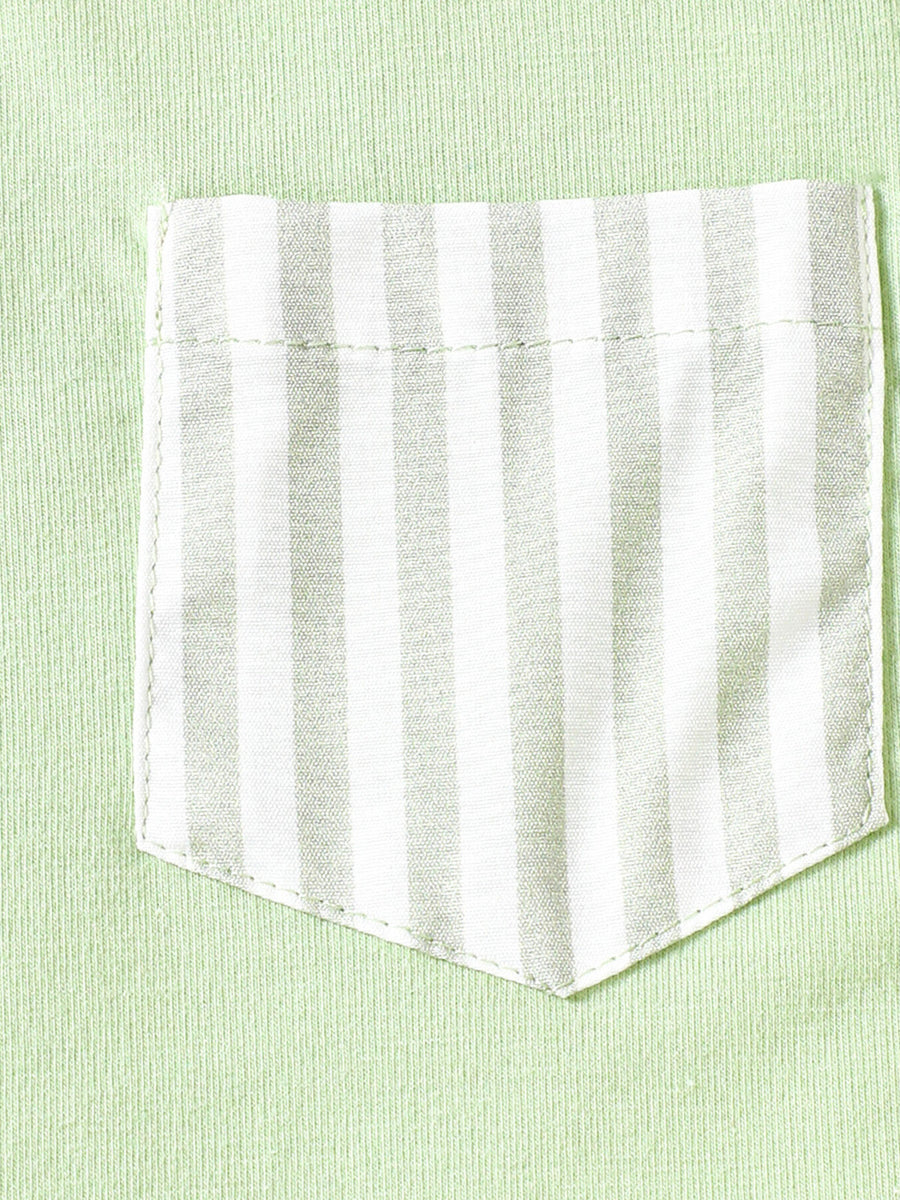 Light green cotton tee with a white and light green striped pocket detail.
