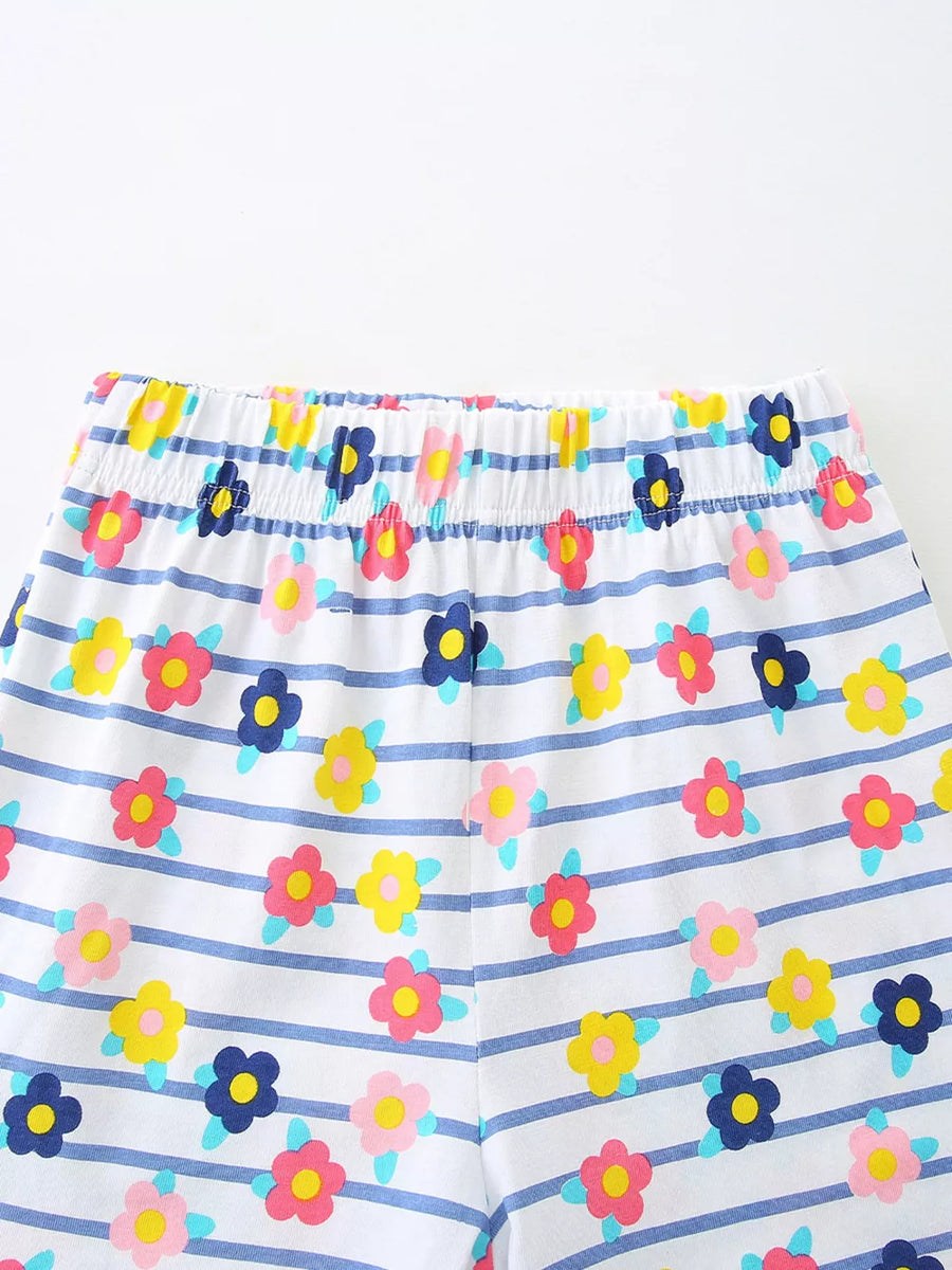 Toddler cotton shorts with blue stripes and colorful floral print