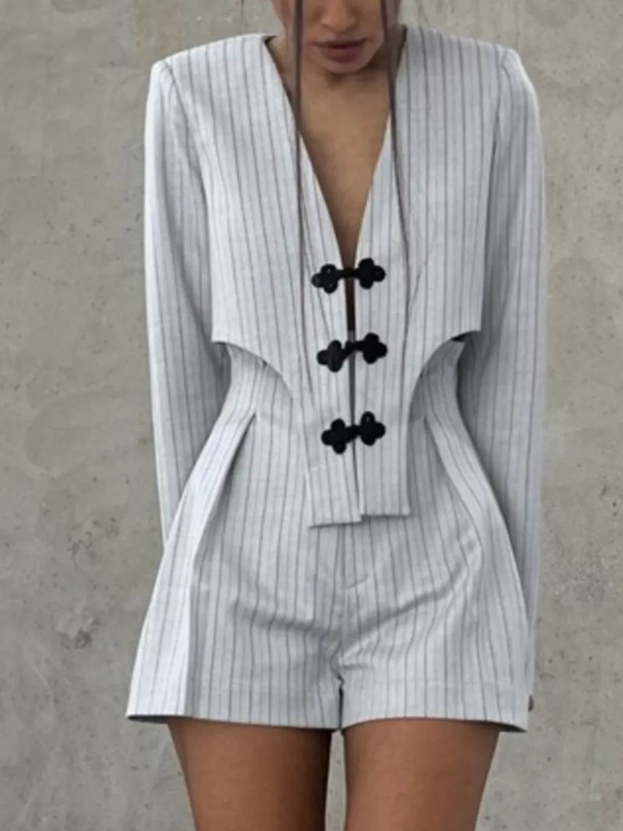 Light Gray with Pinstripe Cropped Blazer And Pleated Shorts Set