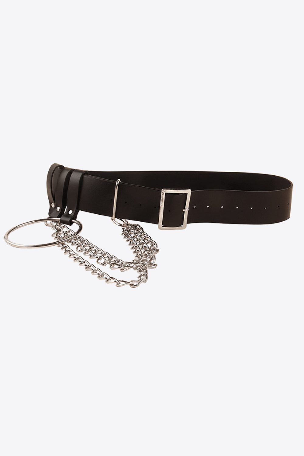 Black leather belt with silver chain and ring detail