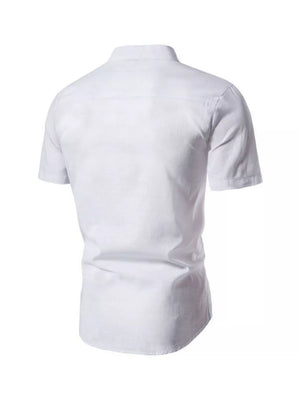 White cotton men's short sleeve shirt with mandarin collar and curved hem