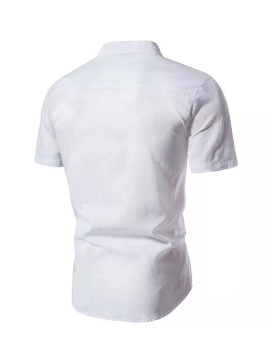 White cotton men's short sleeve shirt with mandarin collar and curved hem