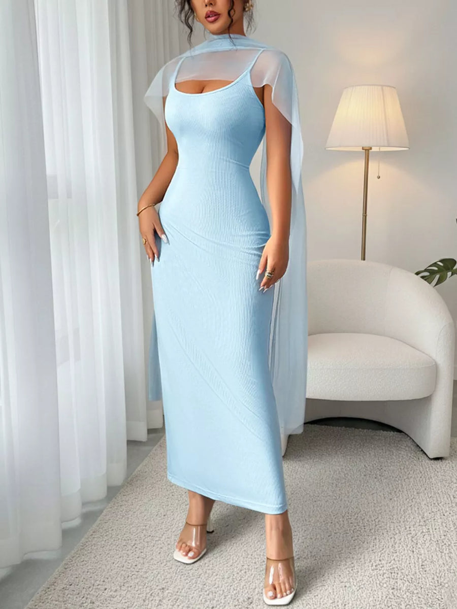 Light blue ribbed bodycon maxi dress with sheer overlay and square neckline