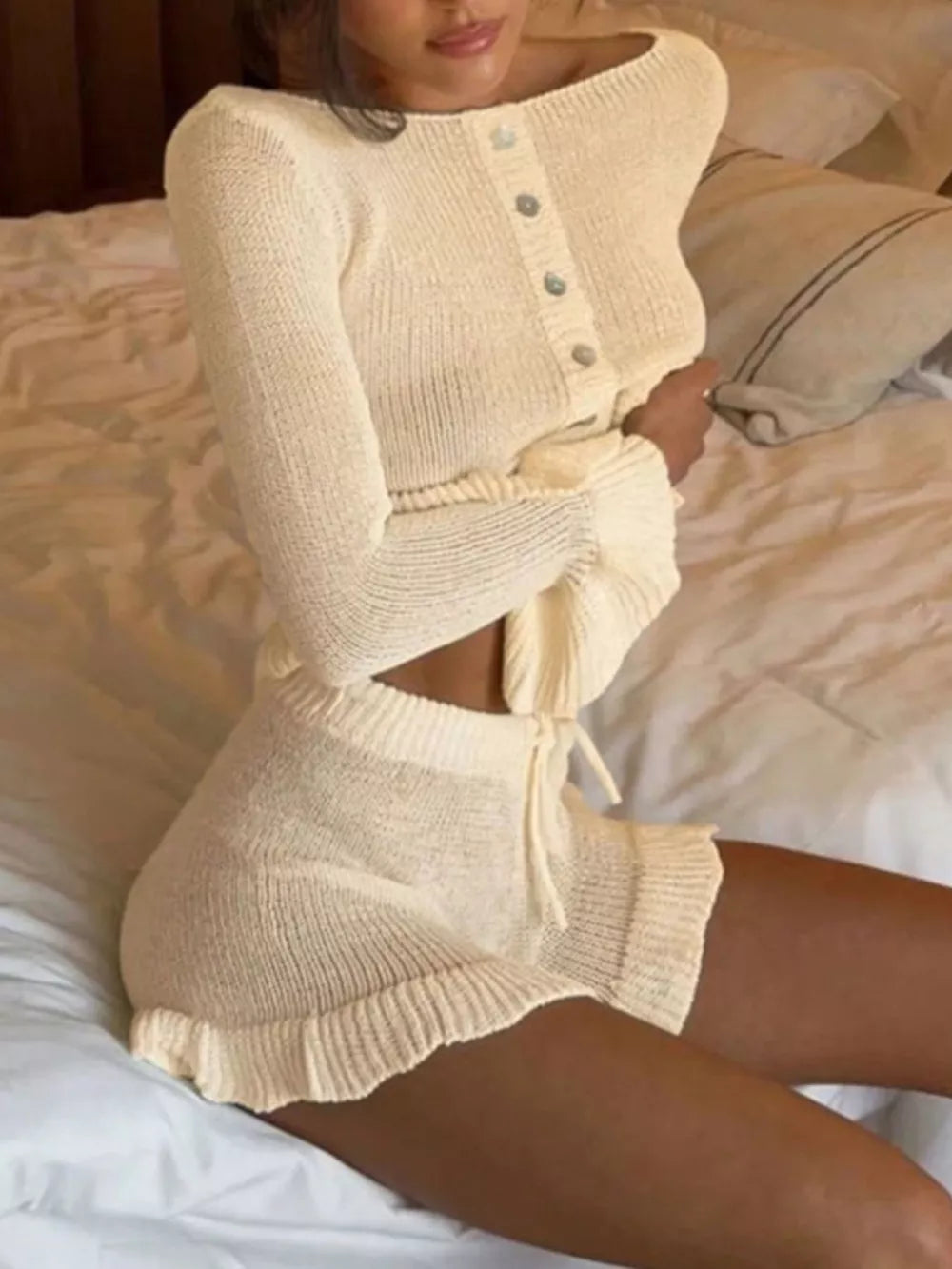 Beige Button Up Cardigan And Shorts Sweater Set