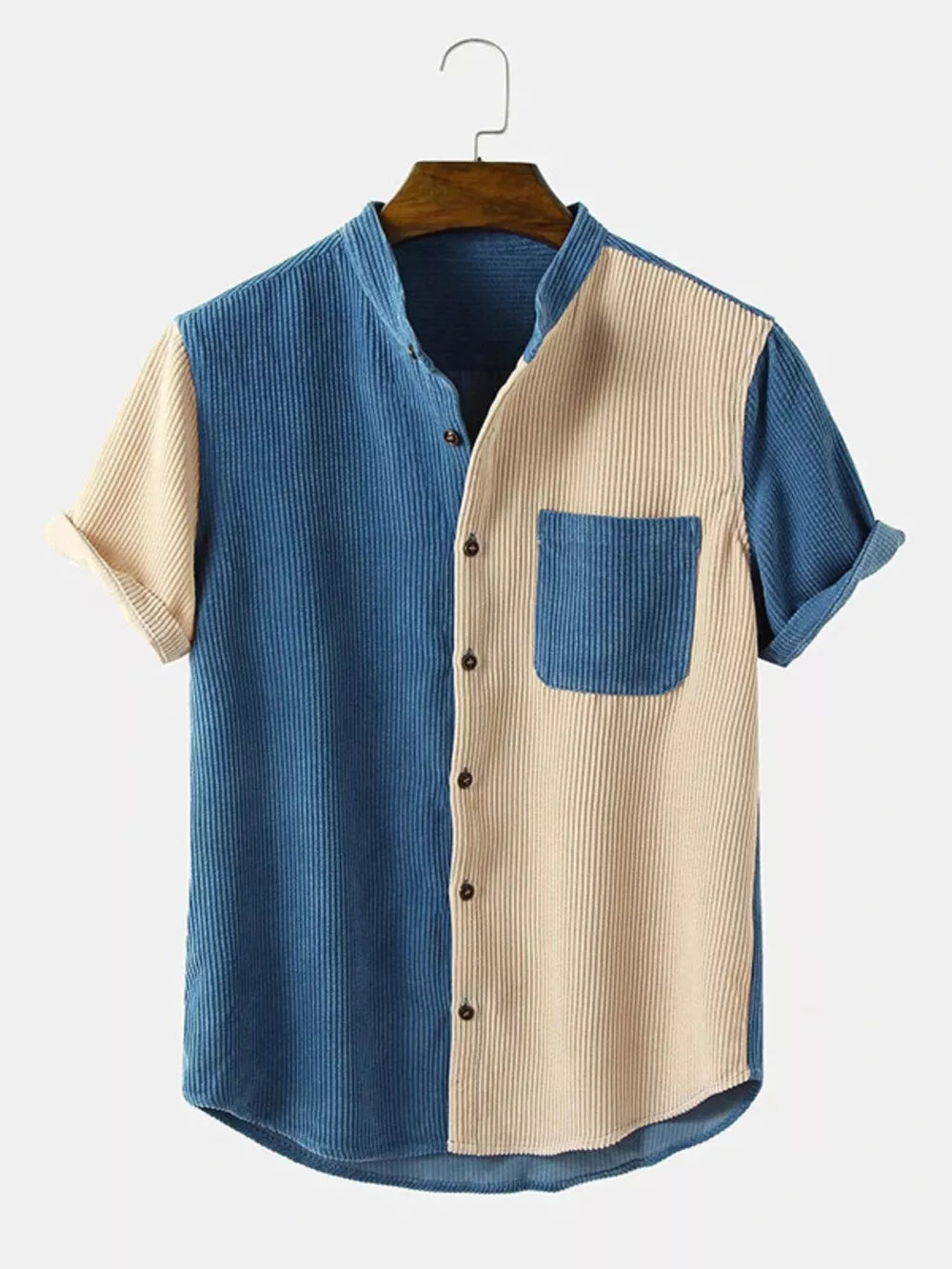 Men's Full Size Color Block Corduroy Shirt in Light Blue