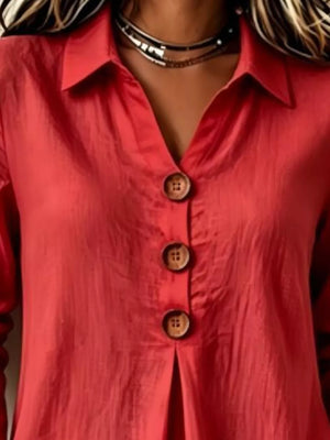 Button Detail Long Sleeve Blouse Plus Size in White with buttoned