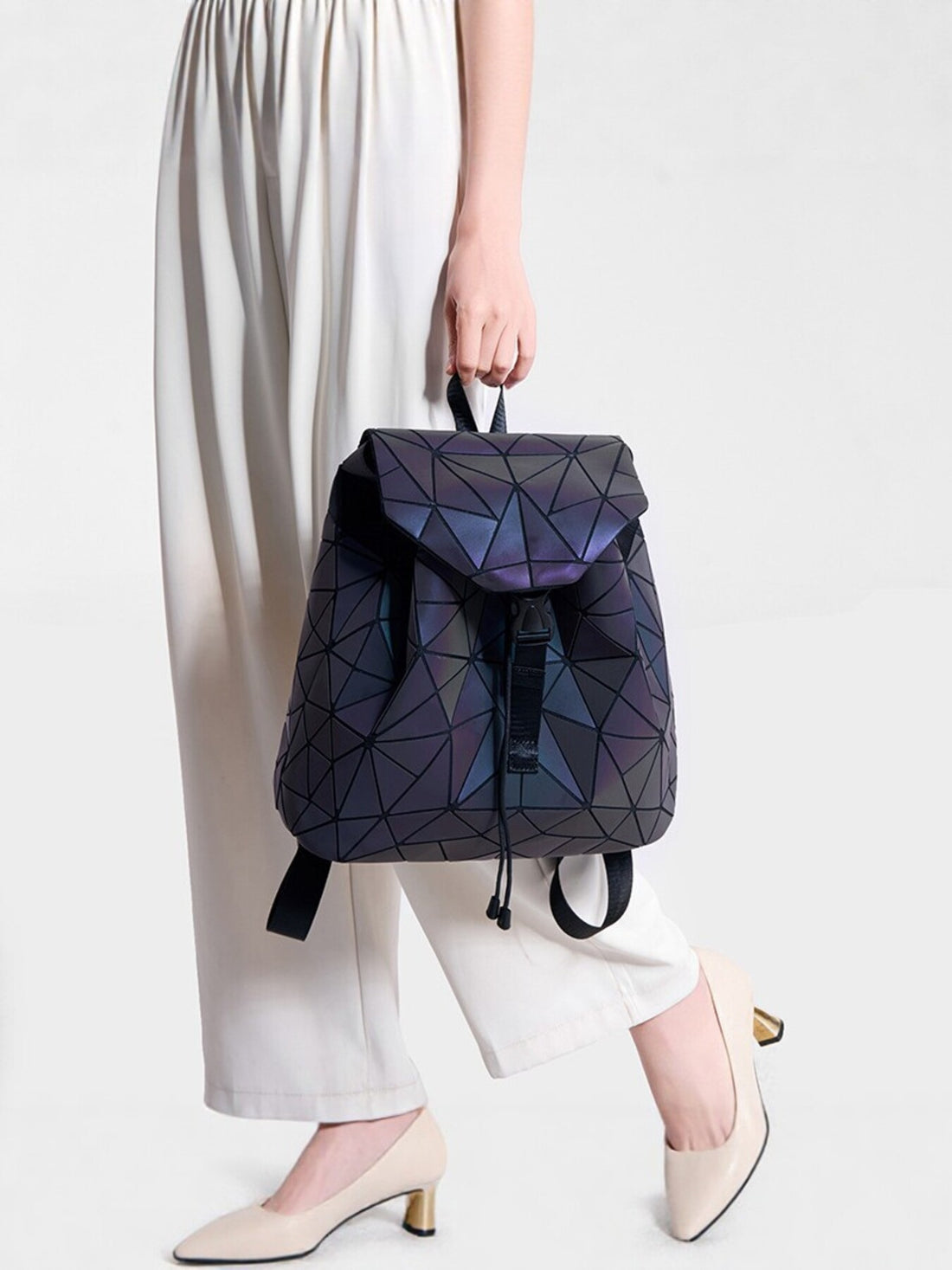 black PVC Imported Size &amp backpack with geometric and drawstring, snap