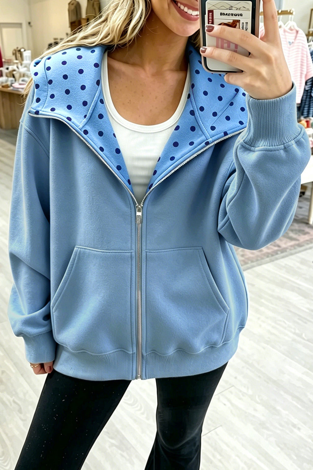 light blue zip hoodie with polka dot and hooded
