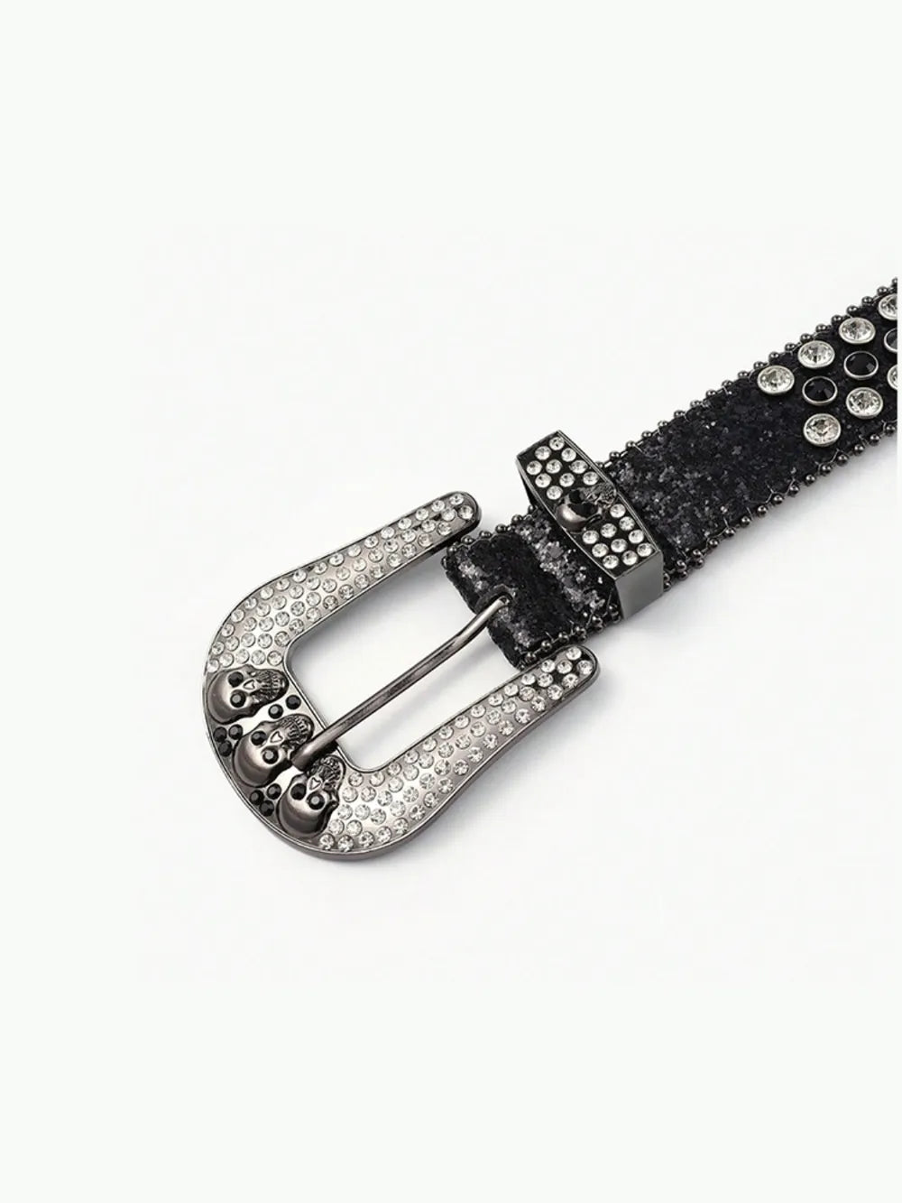 Black leather belt with crystal skull buckle and rhinestone embellishments