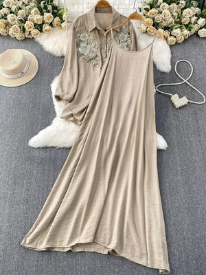 Apricot embroidered floral two-piece set with collared shirt and spaghetti strap dress.